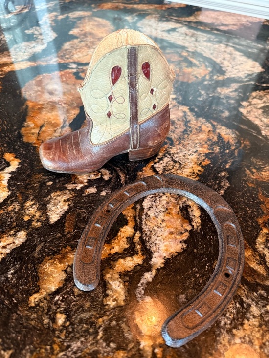 Other - Vintage Real Mini Cowboy Boot/Brown & Cream w/Vtg Horse Shoe Western Texas